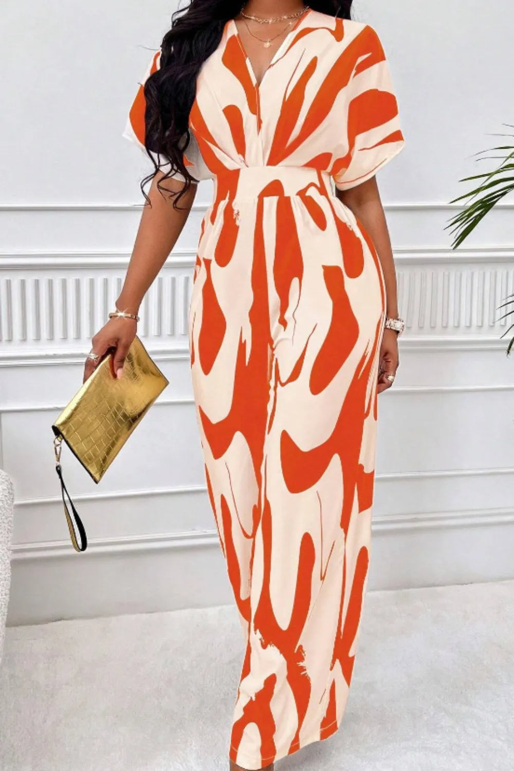 Elegant V-neck full body printed batwing sleeve wide jumpsuit