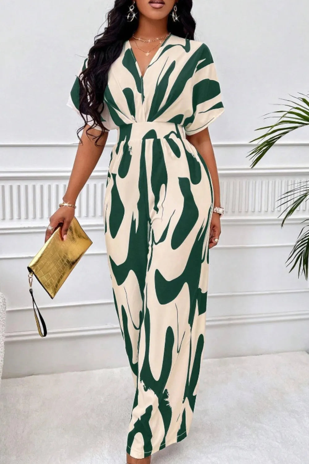 Elegant V-neck full body printed batwing sleeve wide jumpsuit