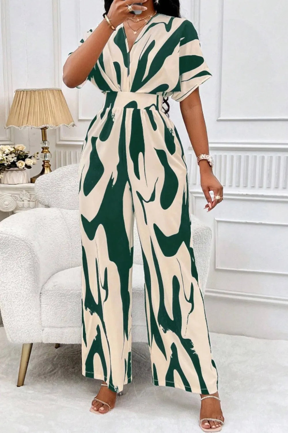 Elegant V-neck full body printed batwing sleeve wide jumpsuit