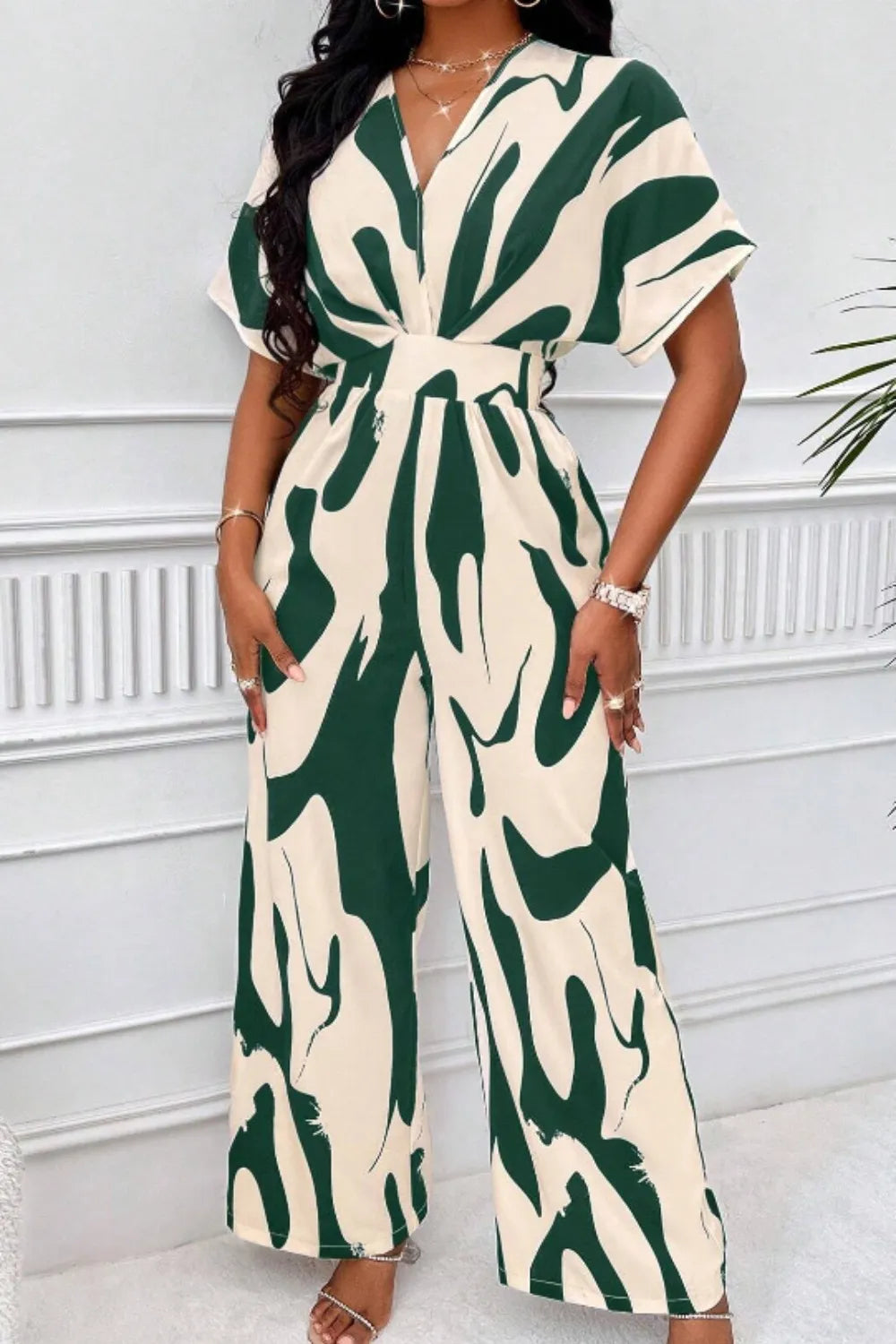 Elegant V-neck full body printed batwing sleeve wide jumpsuit
