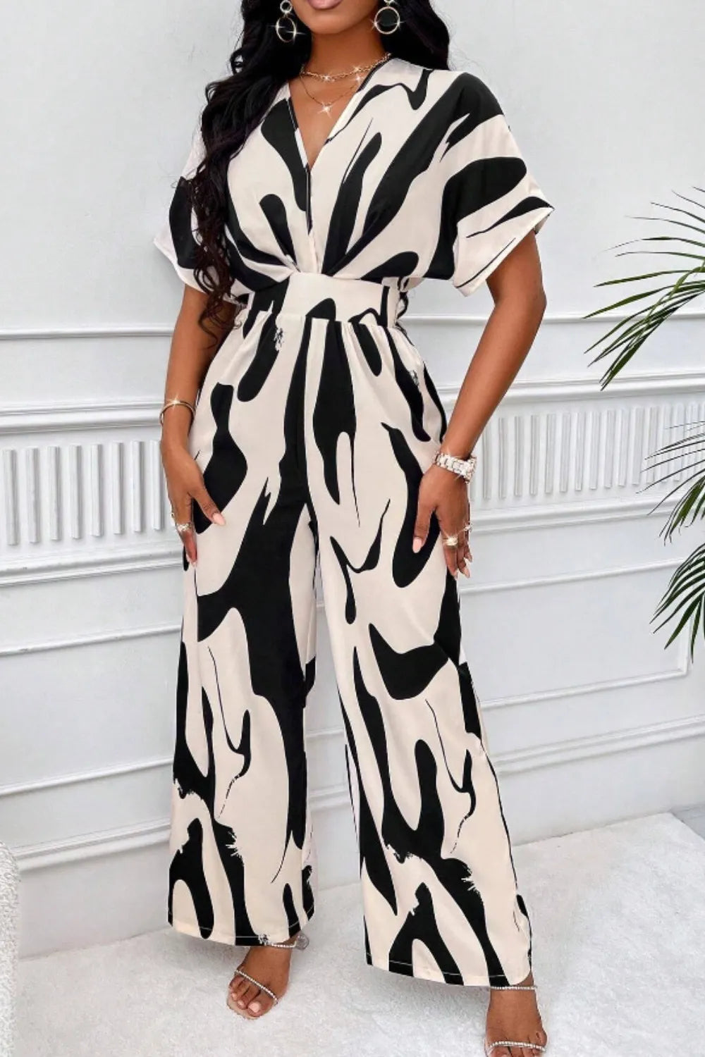 Elegant V-neck full body printed batwing sleeve wide jumpsuit