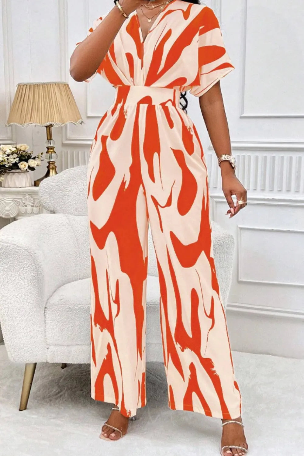 Elegant V-neck full body printed batwing sleeve wide jumpsuit