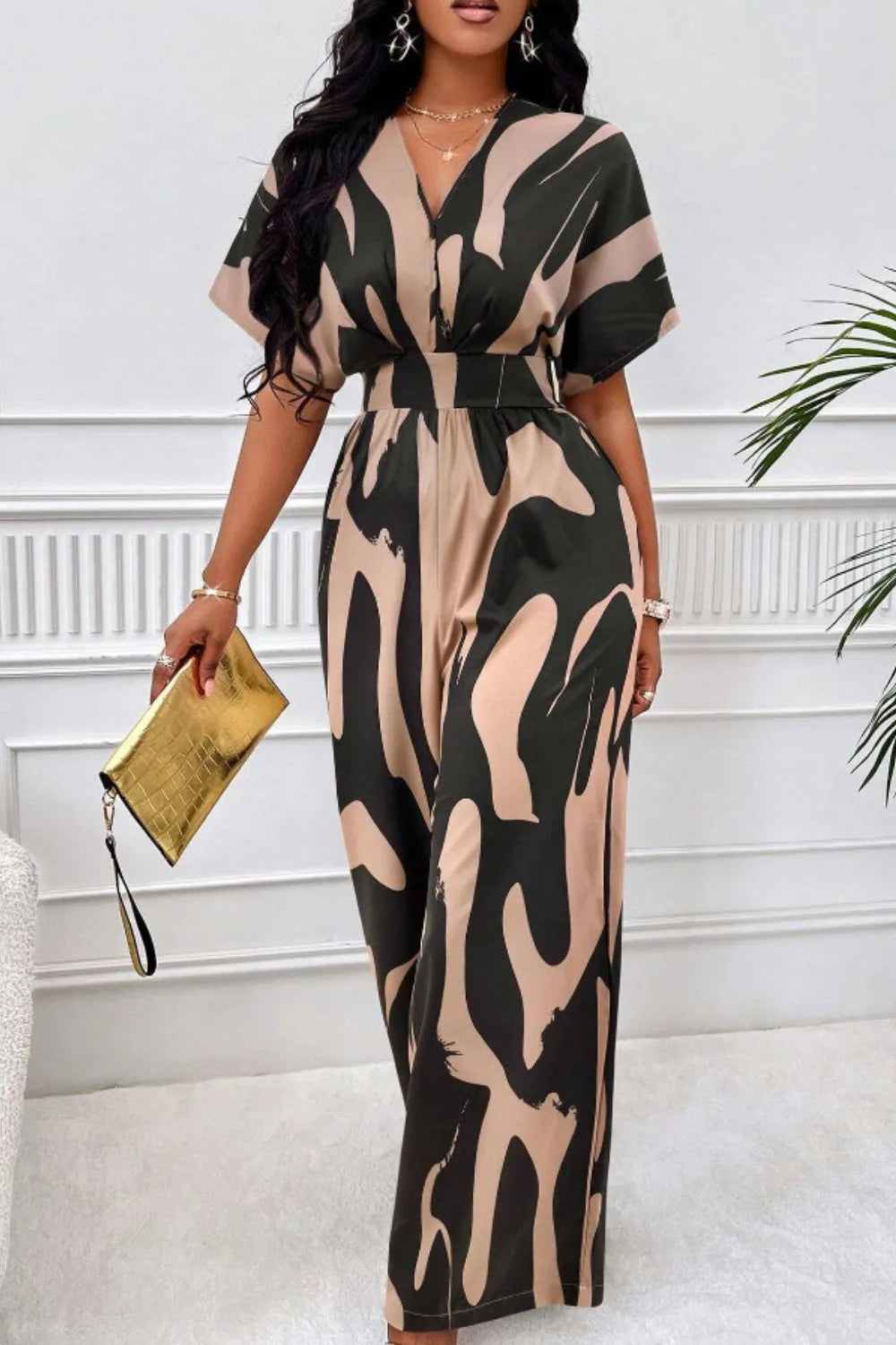 Elegant V-neck full body printed batwing sleeve wide jumpsuit