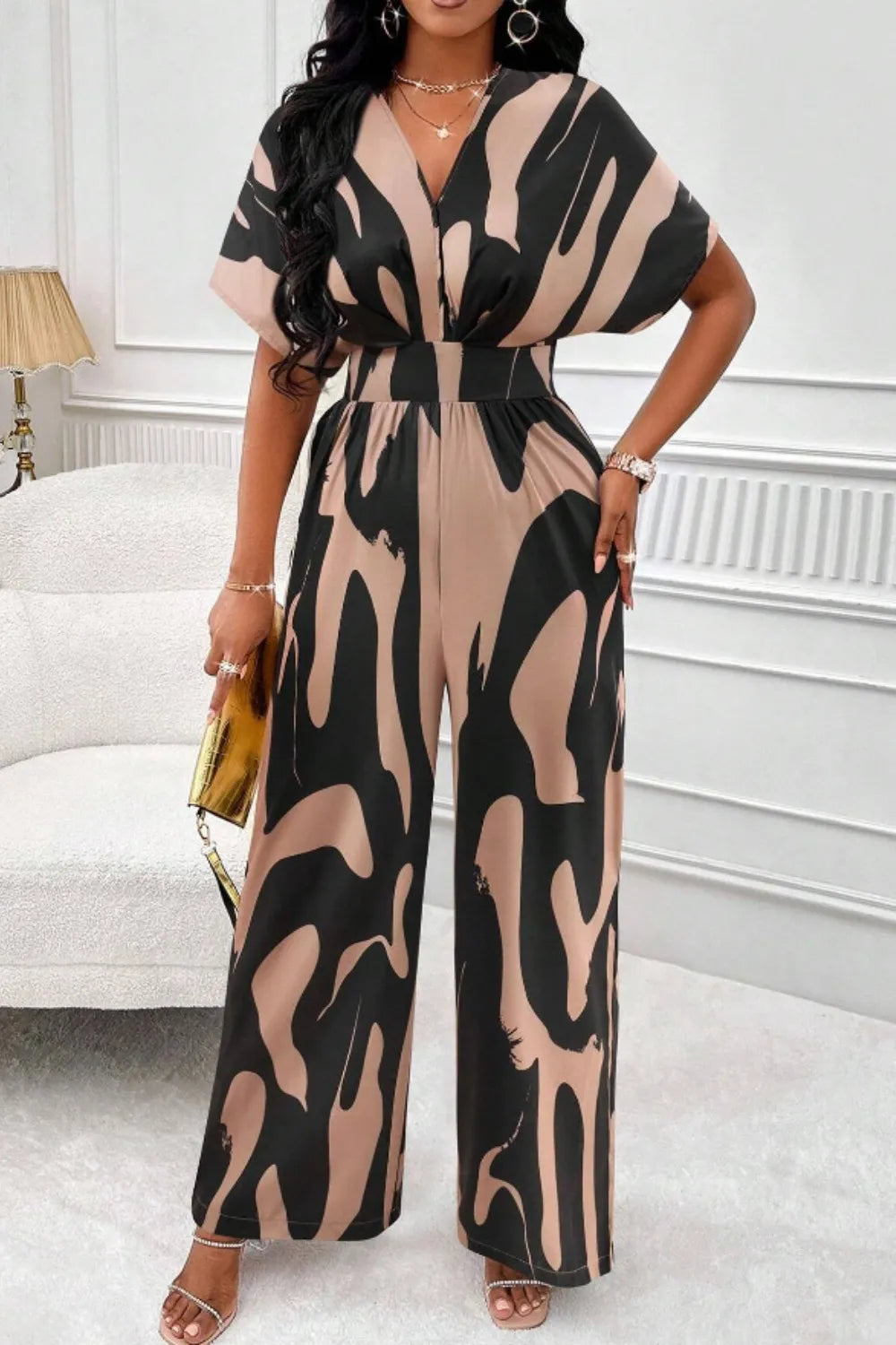 Elegant V-neck full body printed batwing sleeve wide jumpsuit