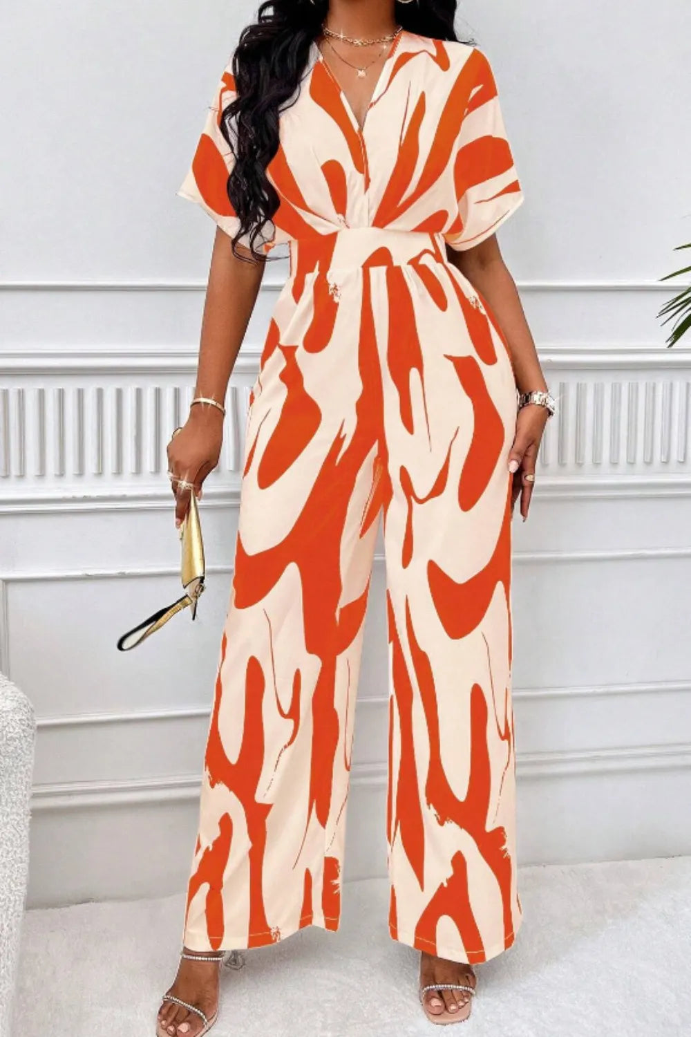 Elegant V-neck full body printed batwing sleeve wide jumpsuit