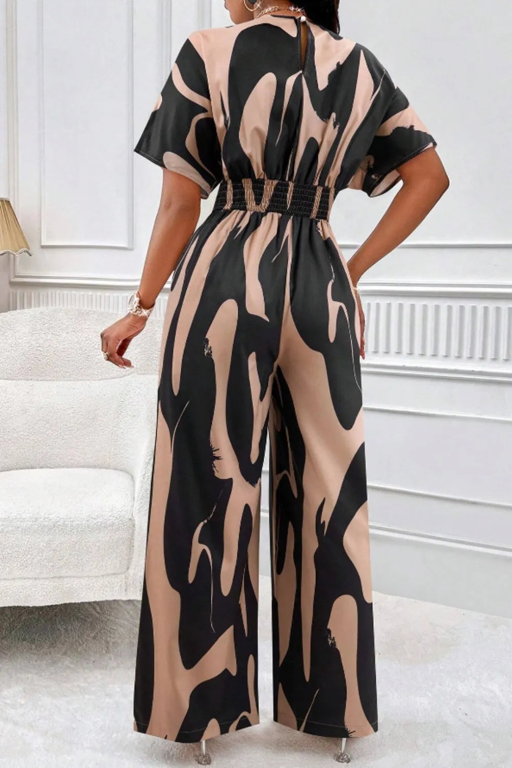 Elegant V-neck full body printed batwing sleeve wide jumpsuit
