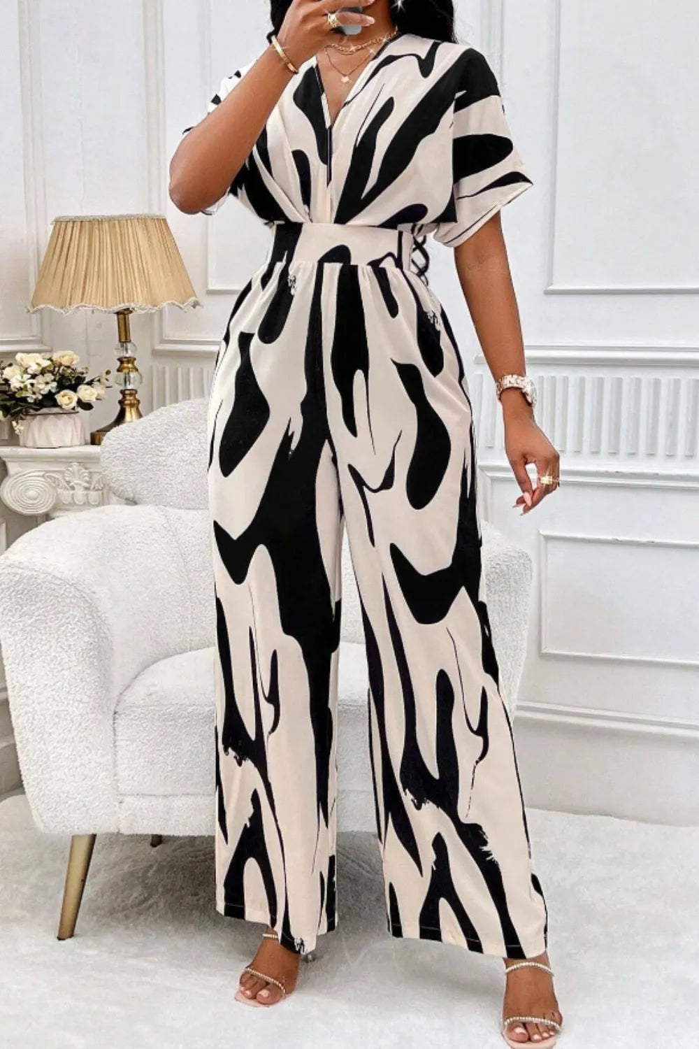 Elegant V-neck full body printed batwing sleeve wide jumpsuit