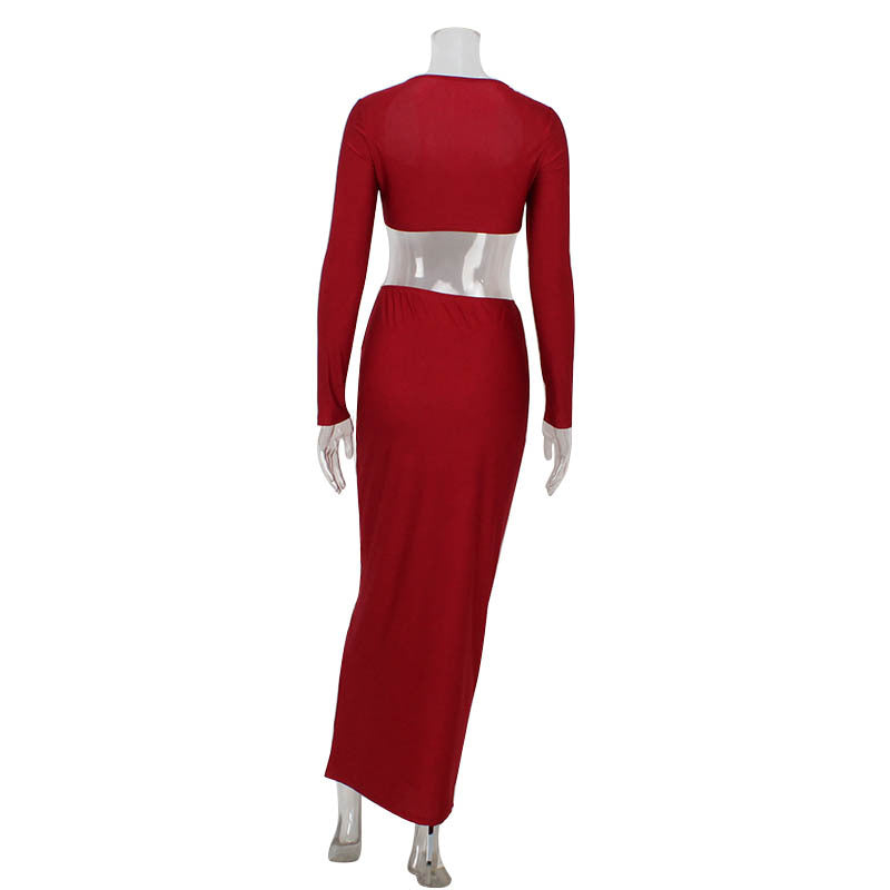 Long sleeved long skirt set, strapless short top, high waist, hip hugging skirt, sexy and spicy two-piece set