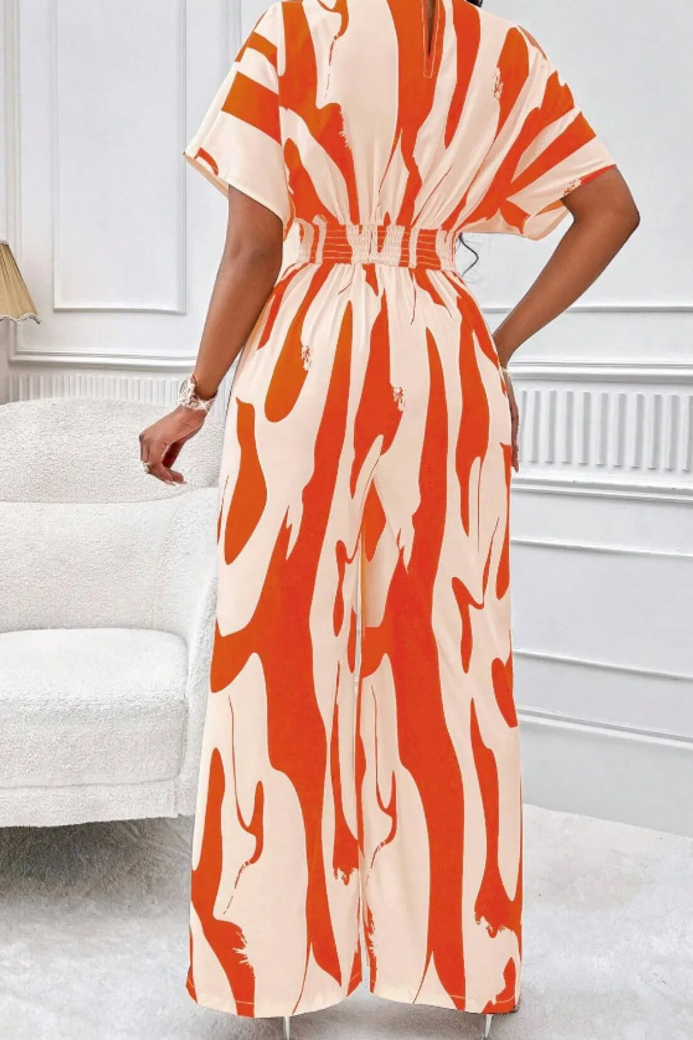 Elegant V-neck full body printed batwing sleeve wide jumpsuit